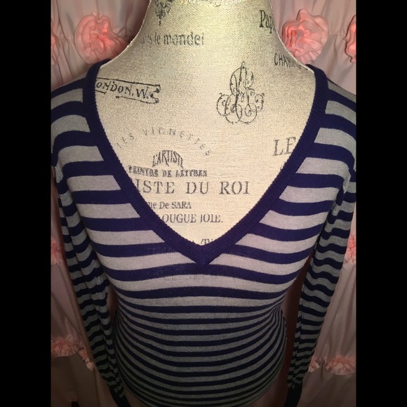 Gray and Navy Blue Striped V- Neck Sweater - Picture 3 of 10